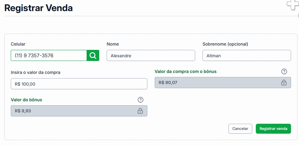 Exemplo de cadastro de uma nova venda com uso de cashback/bônus pelo cliente na plataforma.