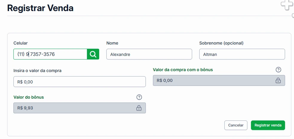 Exemplo de cadastro de uma nova venda com uso de cashback/bônus pelo cliente na plataforma.