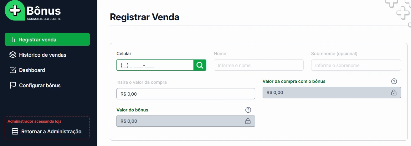 Painel de cadastro de uma nova venda no sistema do Mais Bônus.